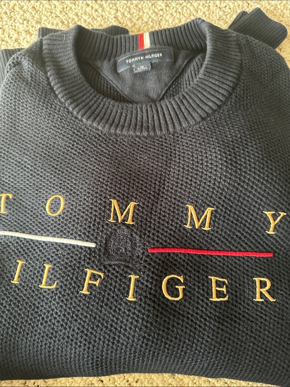 Tommy Hilfiger Navy Crewneck Logo Knit Sweater with Red & White Accents